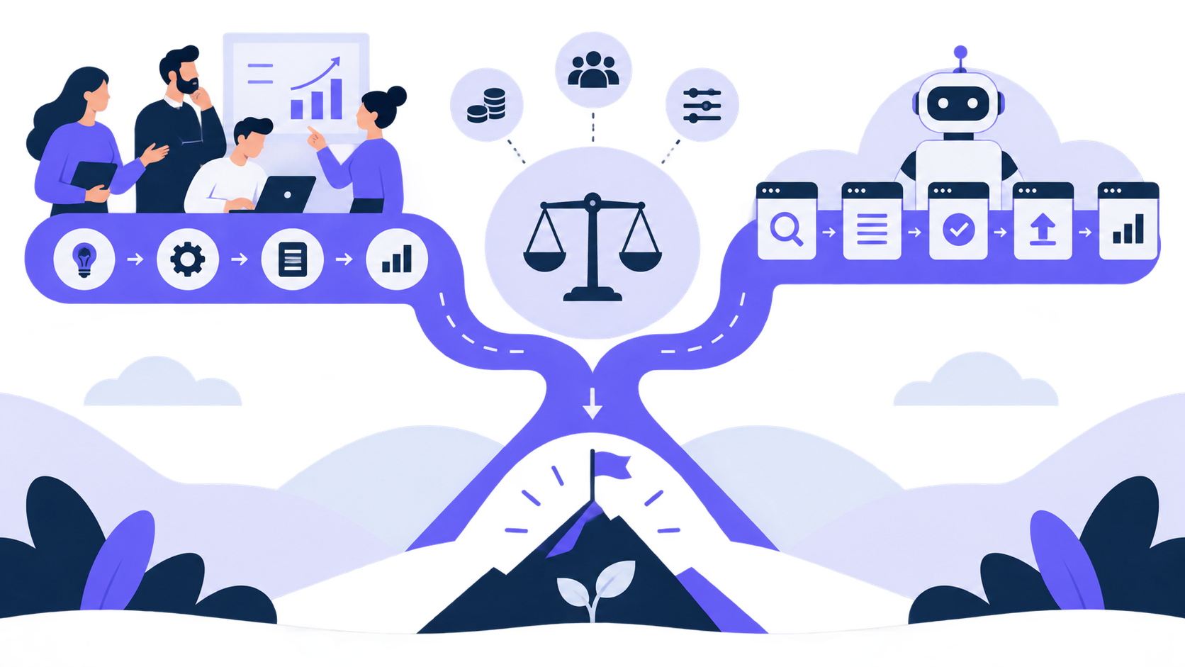 Flat vector comparison of a specialist agency workflow and an automated SEO production pipeline