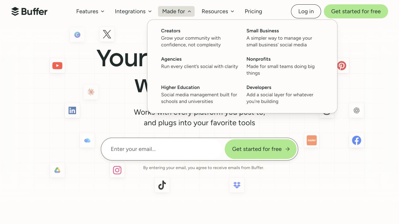 Buffer desktop navigation showing named audience segments