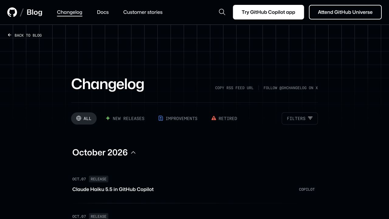 GitHub’s changelog index with dates and change types