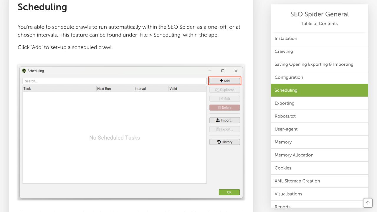 Screaming Frog documentation showing the scheduling section and task setup example