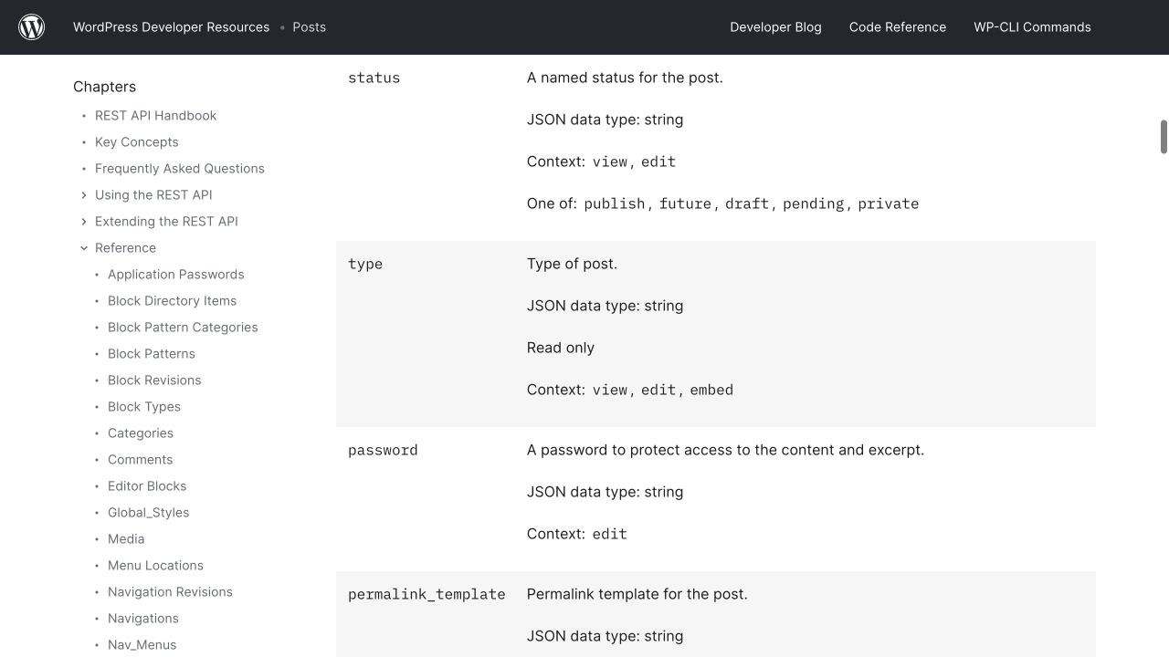 WordPress developer documentation listing allowed post statuses