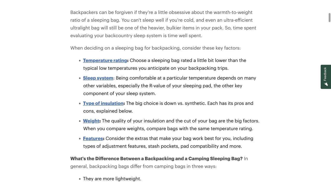 REI’s real guide showing five factors involved in choosing a backpacking sleeping bag