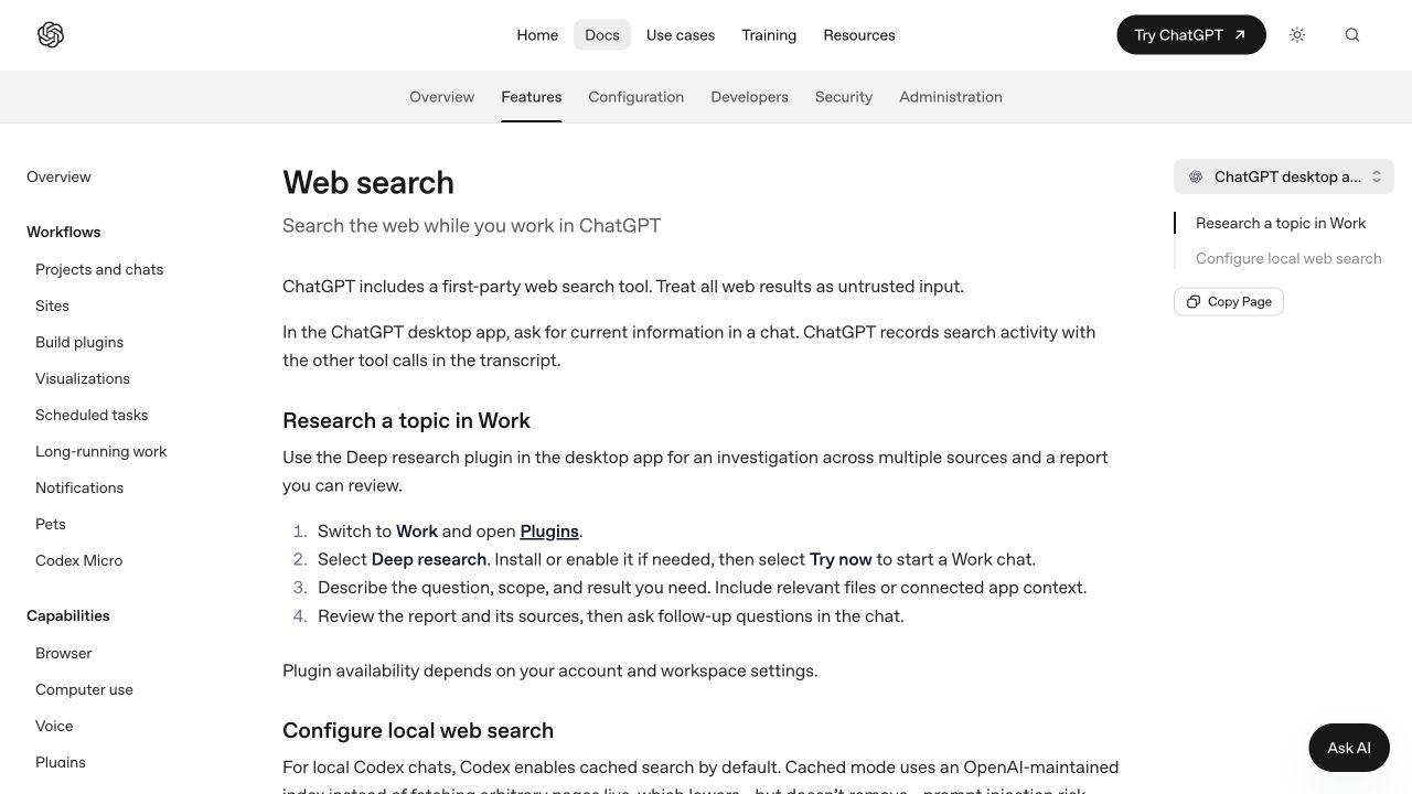 OpenAI’s public documentation describing web search in ChatGPT