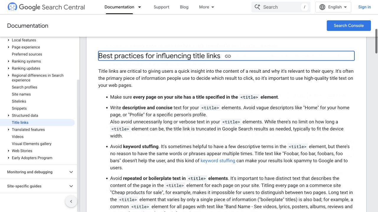 Google Search Central guidance on descriptive, concise title elements and avoiding keyword stuffing