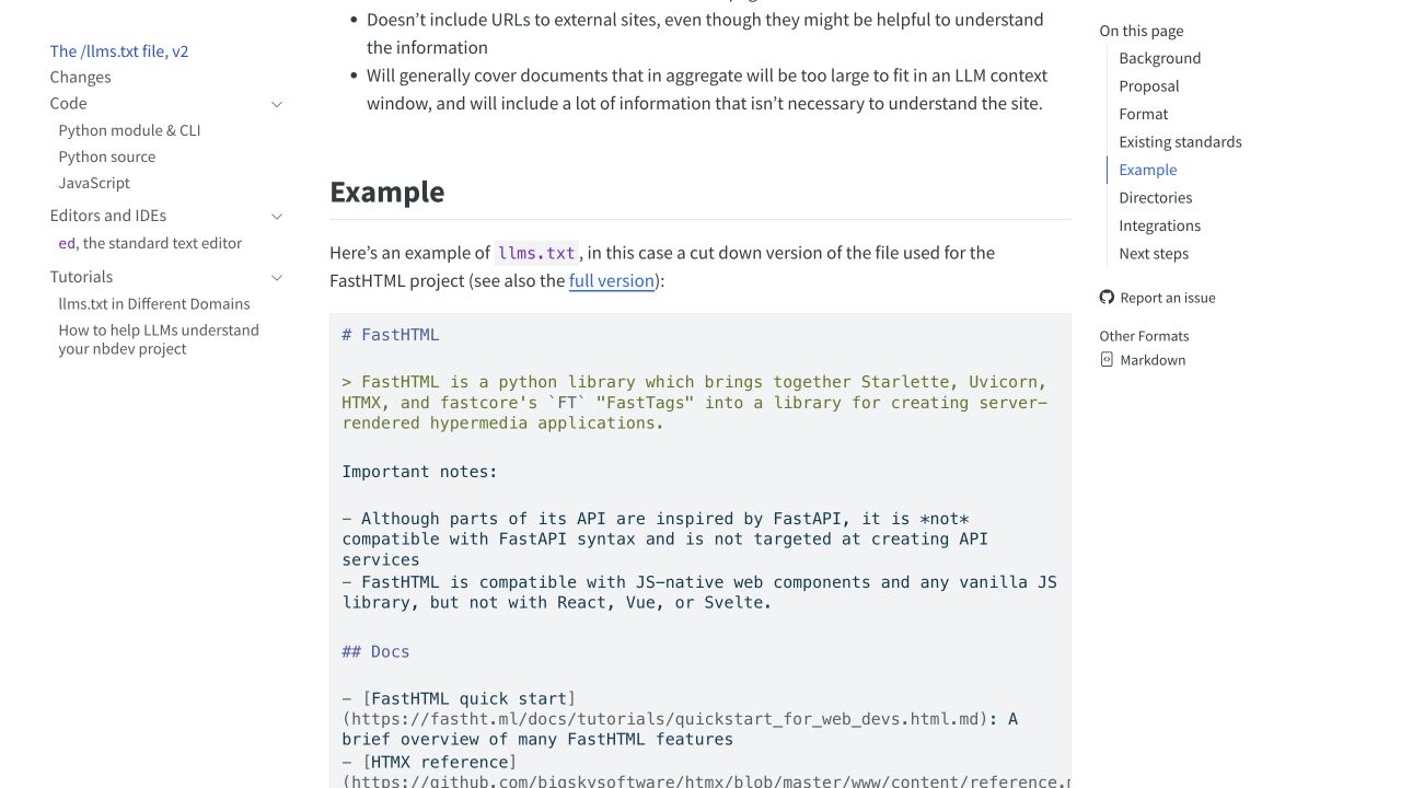 FastHTML example displayed within the official llms.txt proposal