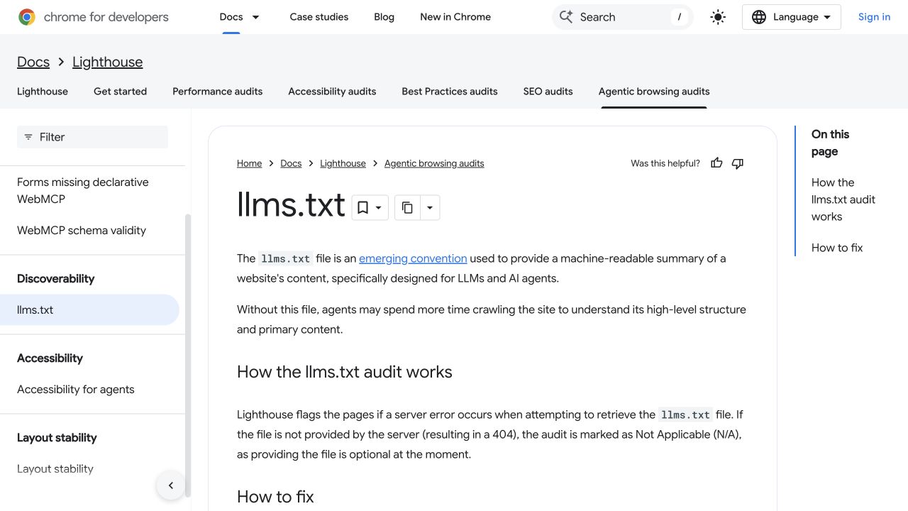 Chrome Lighthouse documentation describing the optional llms.txt audit