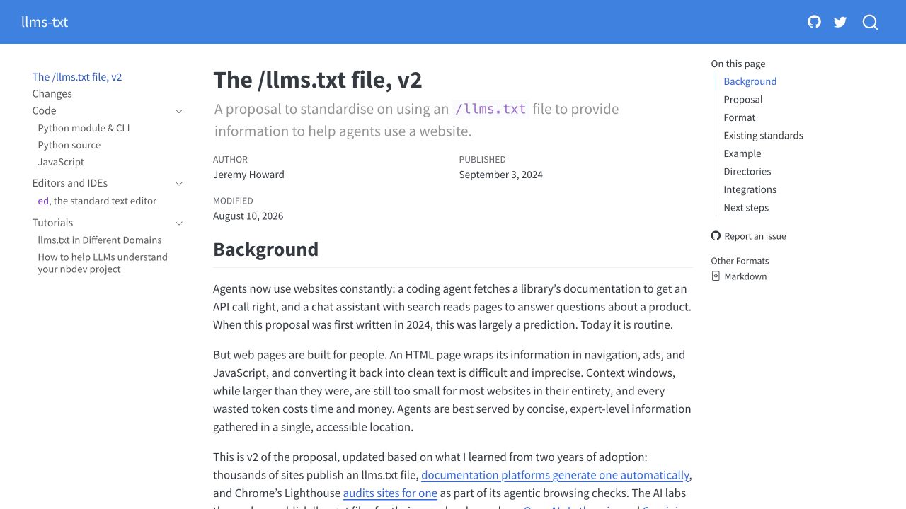 Official llms.txt proposal showing its purpose and version information