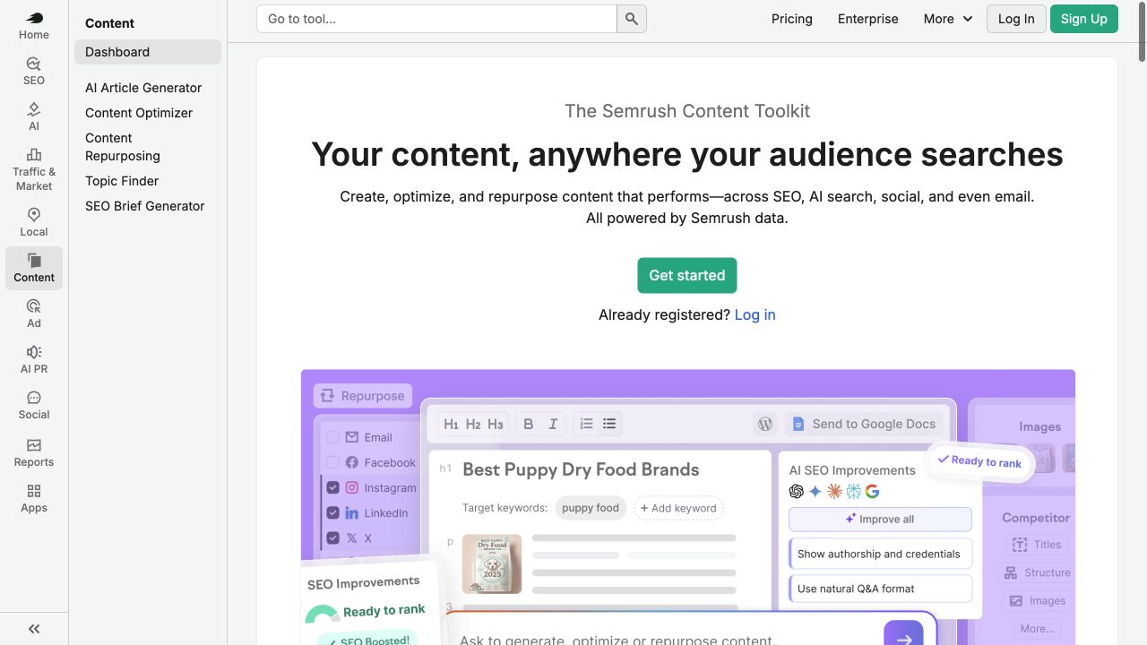 Semrush’s public Content Toolkit page showing planning and article-production tools