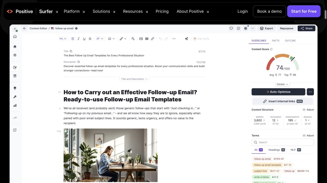 Surfer’s public editor example with a Content Score and content guidelines