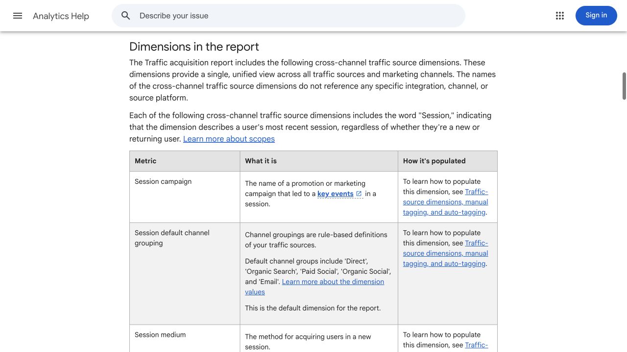 GA4 help documentation explaining the Traffic acquisition report and dimensions