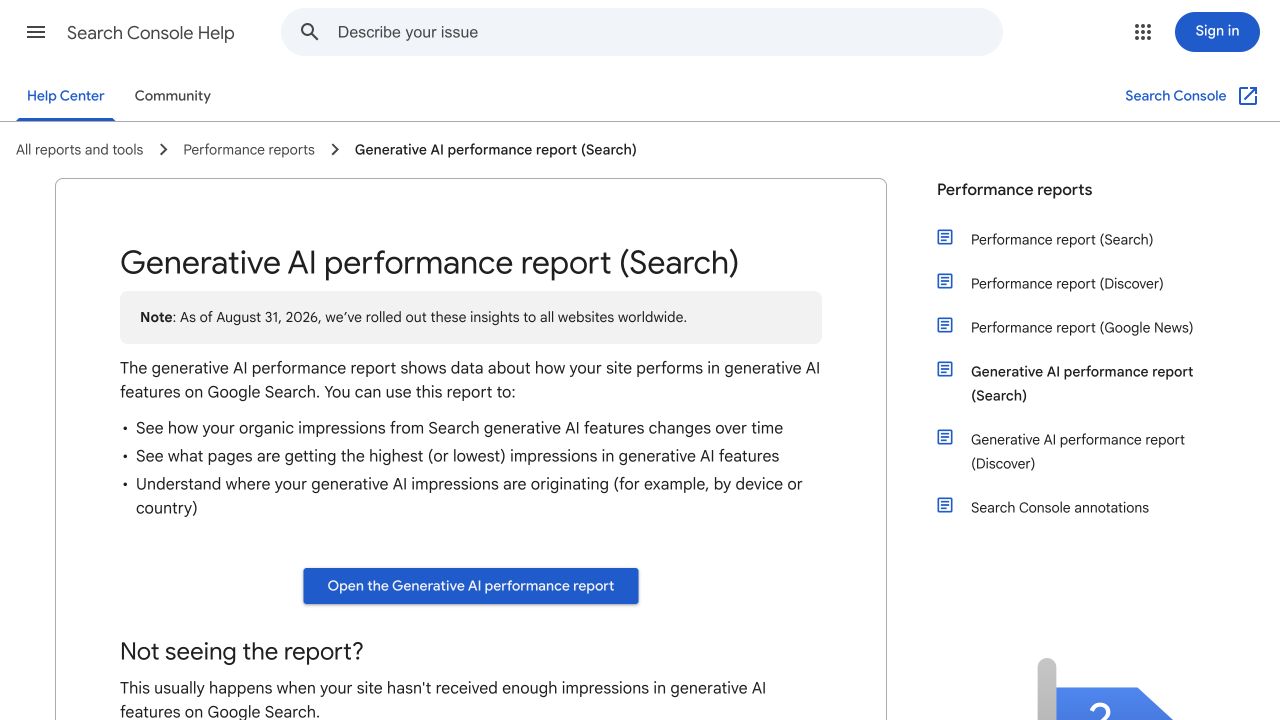 Google Search Console help page introducing the generative AI performance report
