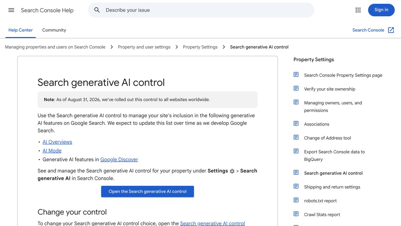 Public Google Help documentation describing the Search generative AI control