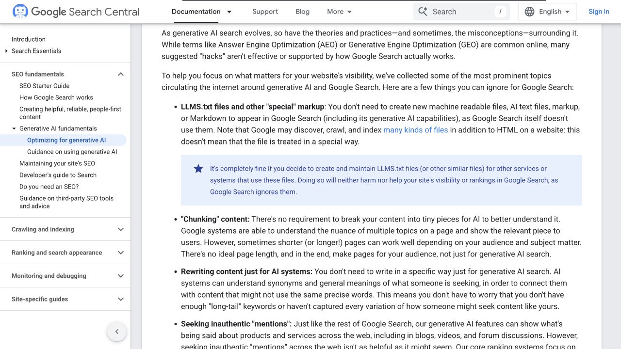 Google guidance explaining that special AI files and fixed chunking are unnecessary
