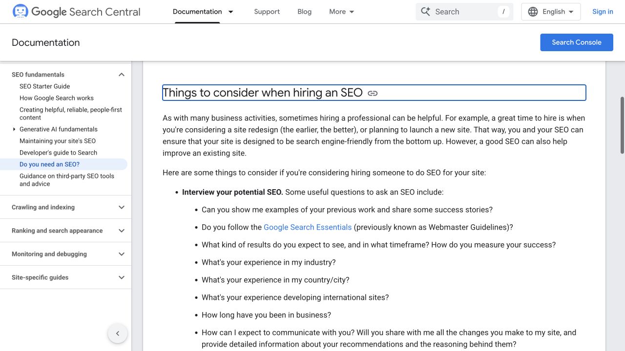 Google’s public guidance on evaluating an SEO professional