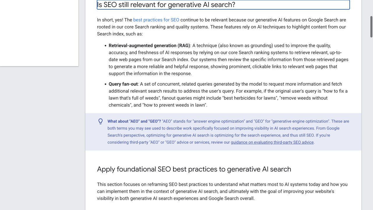 Google documentation explaining the relevance of SEO to generative AI features
