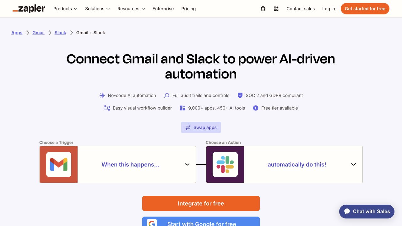 Zapier Gmail and Slack page showing a specific workflow destination