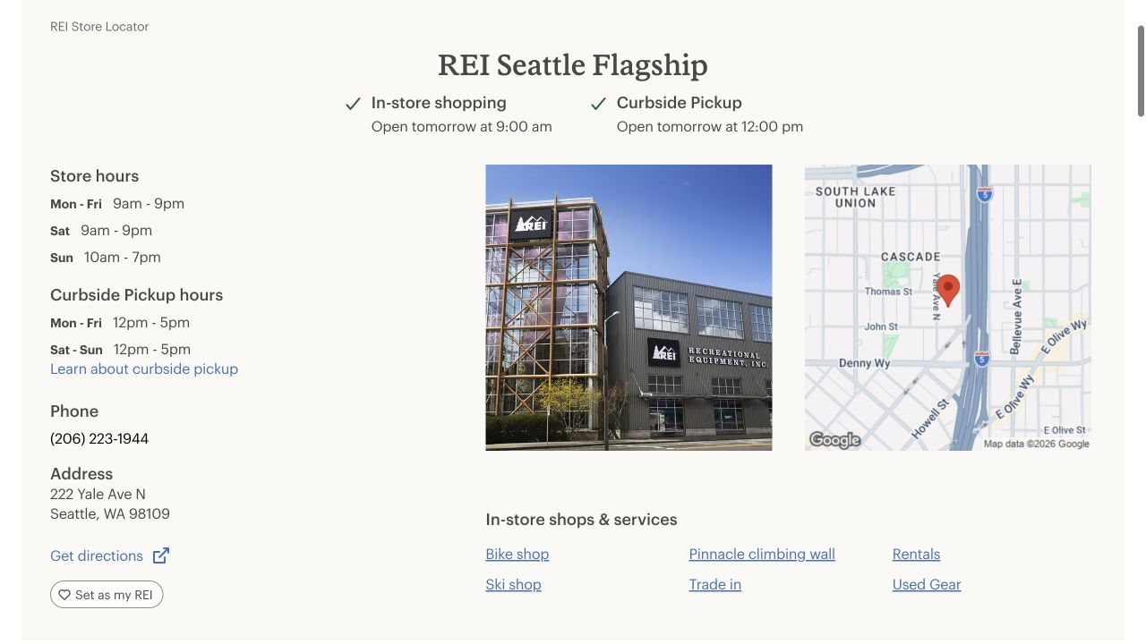 REI Seattle page displaying store hours, pickup hours, address, and services