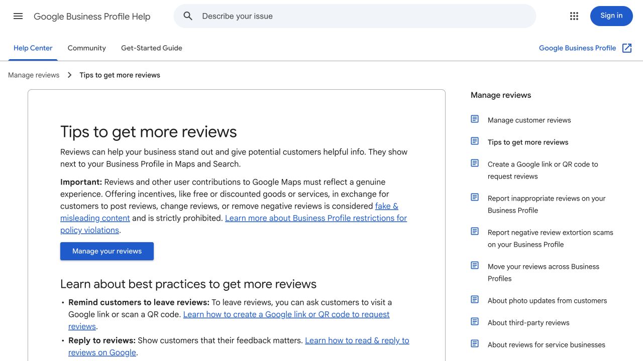 Google Help page explaining genuine reviews and prohibited incentives