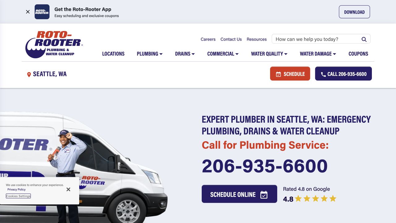 Roto-Rooter Seattle service page showing direct contact actions