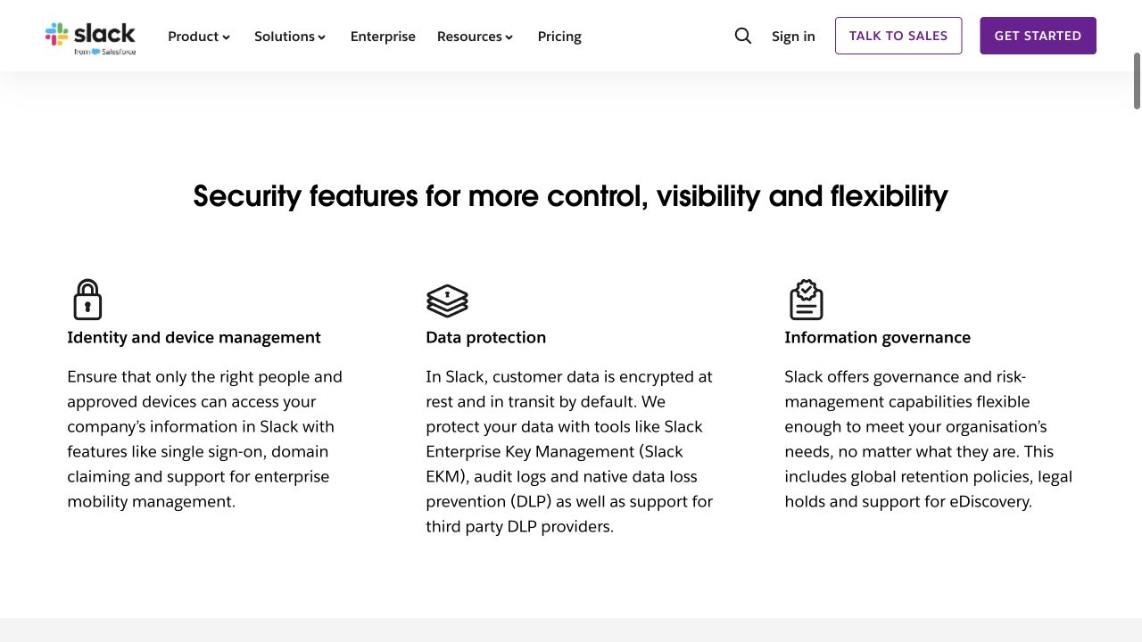 Slack security page with identity, data protection, and information governance sections