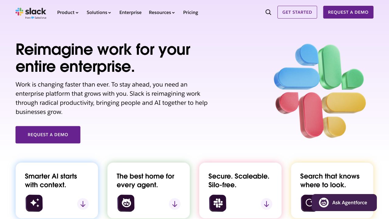 Slack enterprise page showing enterprise positioning and a demo route