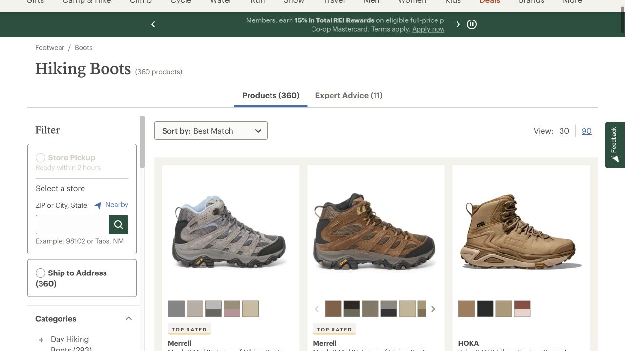 REI hiking boots category with product cards and filtering controls