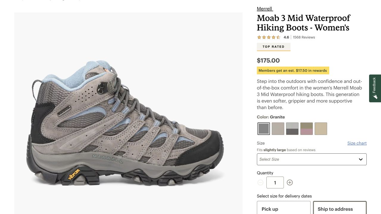 REI Merrell hiking boot product page with item image, size choices, and purchase controls
