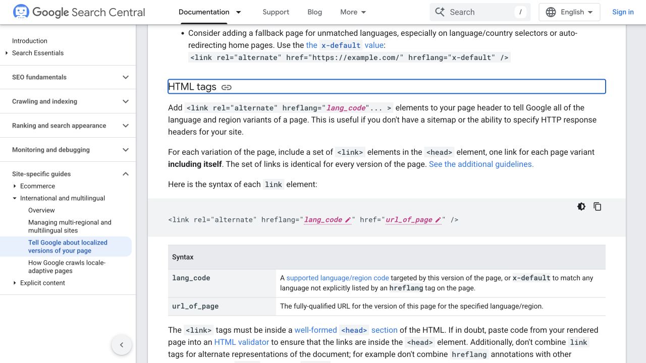 Google documentation explaining HTML alternate tags and hreflang syntax