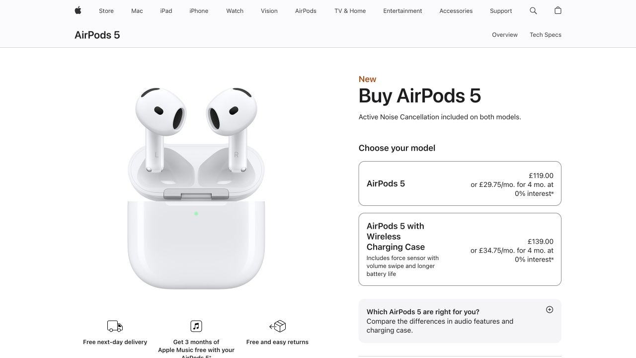 Apple UK AirPods purchase page with UK currency and local payment wording