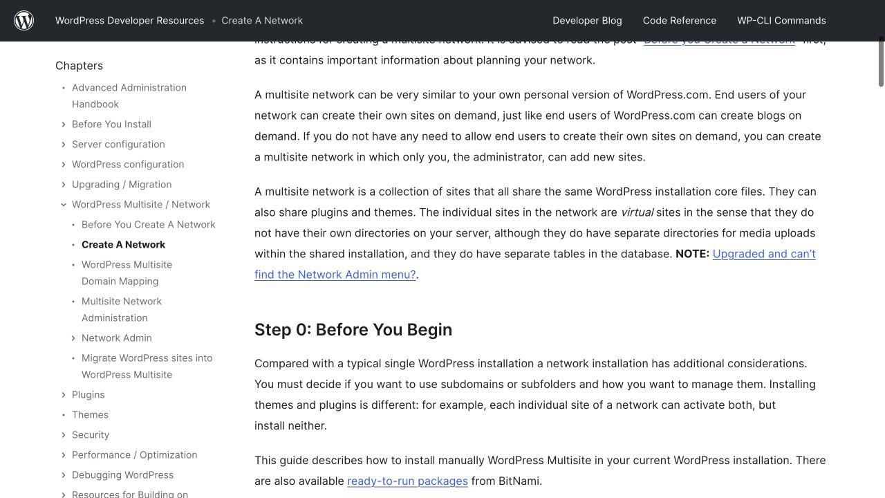 WordPress developer documentation explaining shared files and separate site data in a network
