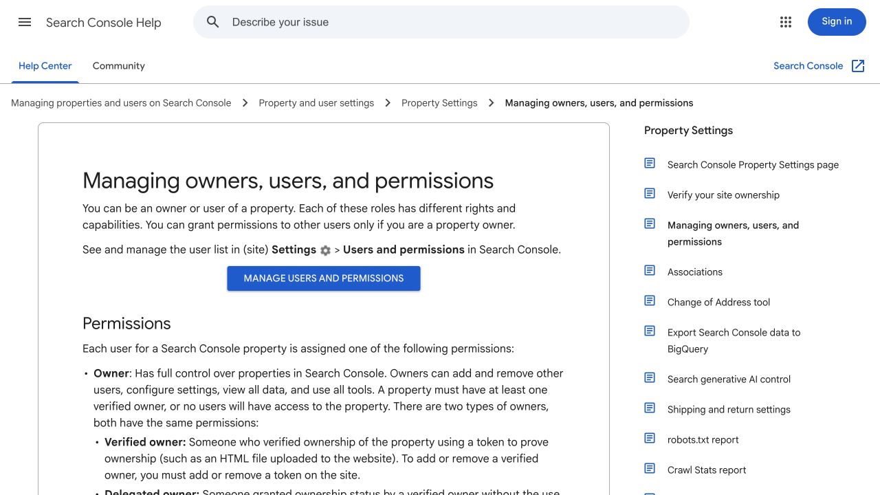 Google Search Console help page explaining owners, users, and permissions