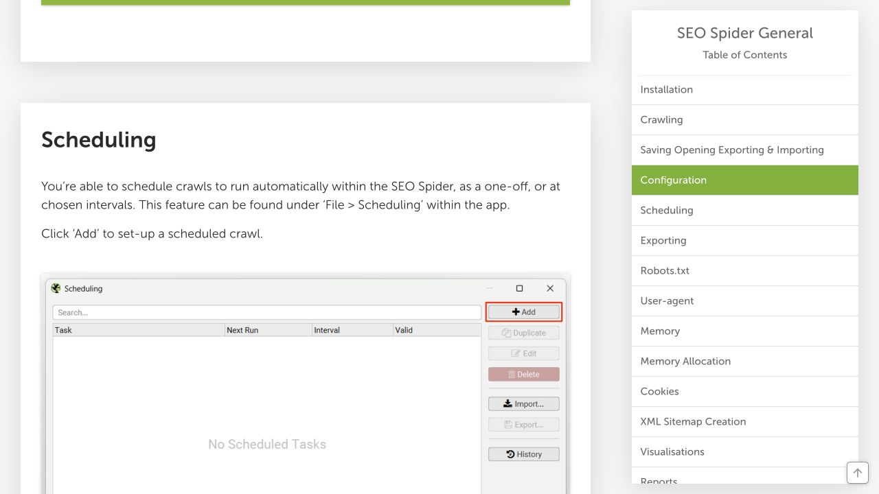 Screaming Frog documentation showing scheduled-crawl controls