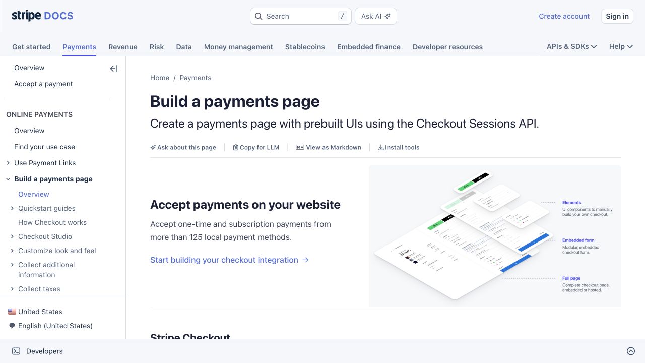 Stripe Checkout documentation with payments-page explanation and interface choices