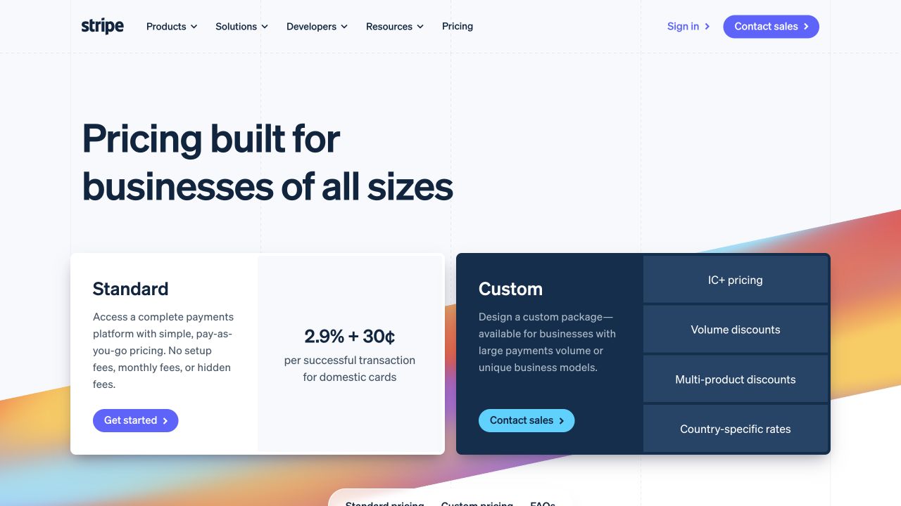 Stripe public pricing page showing standard and custom routes