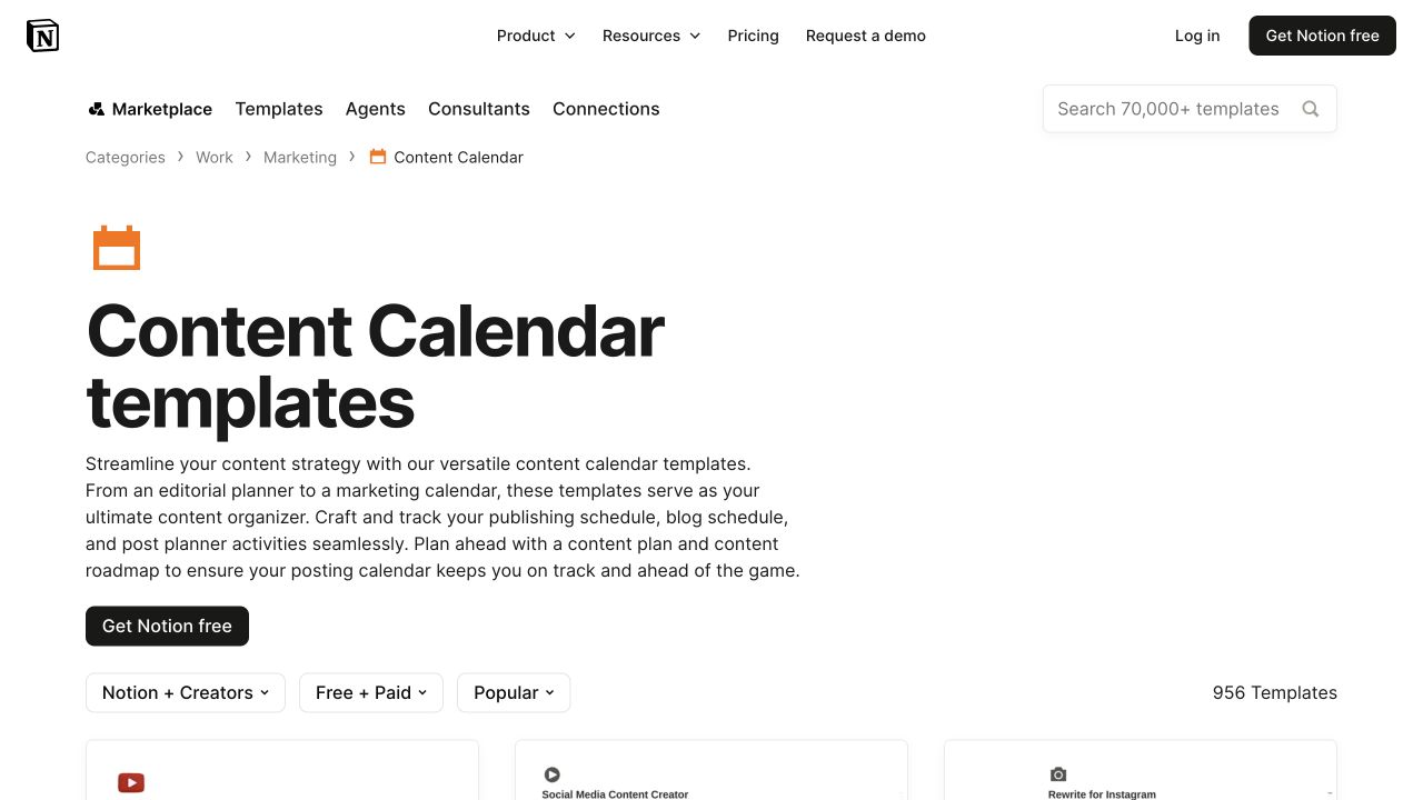 Notion content calendar template category with a task-specific introduction and filters