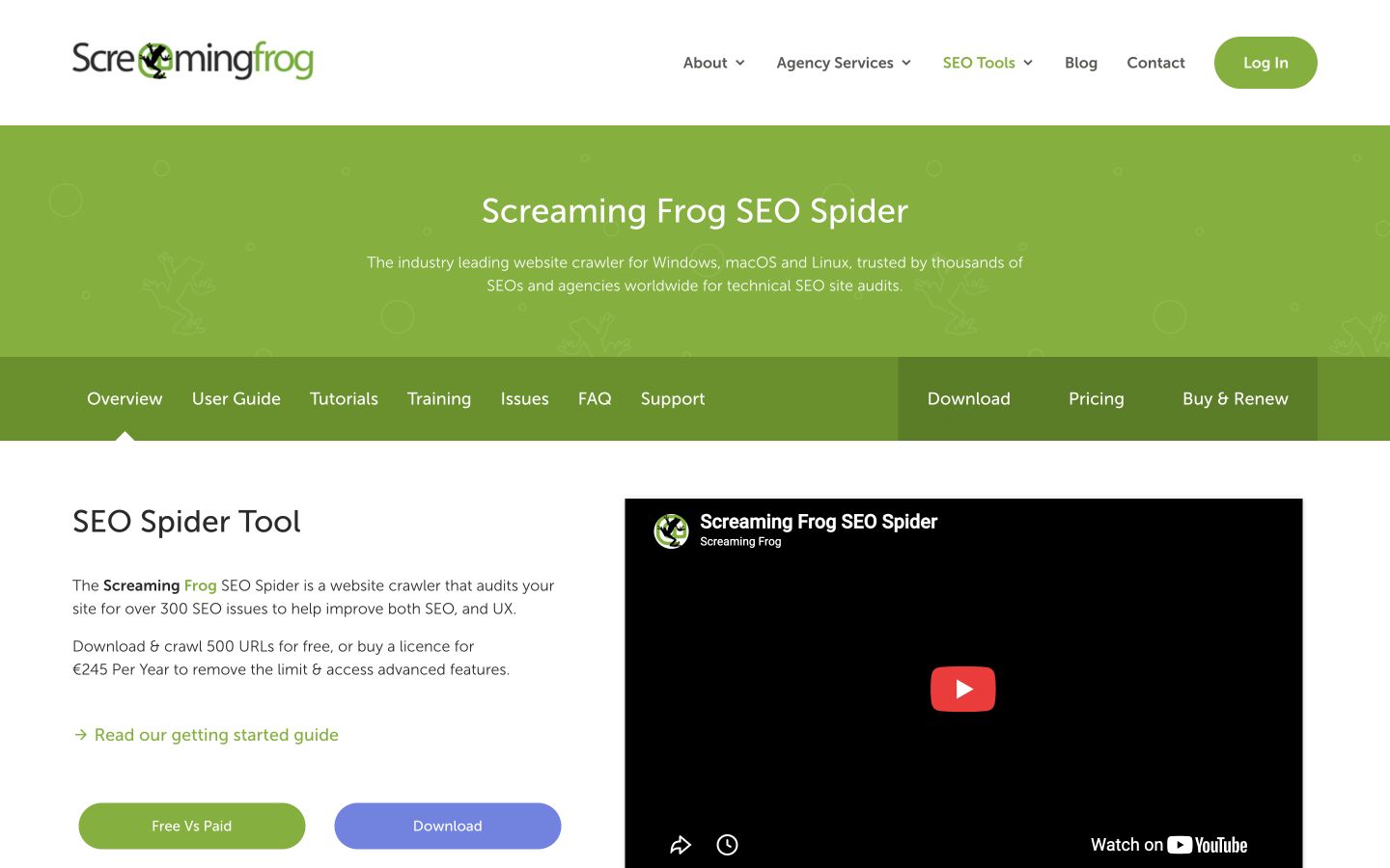 Screaming Frog SEO Spider public product page captured at a desktop viewport