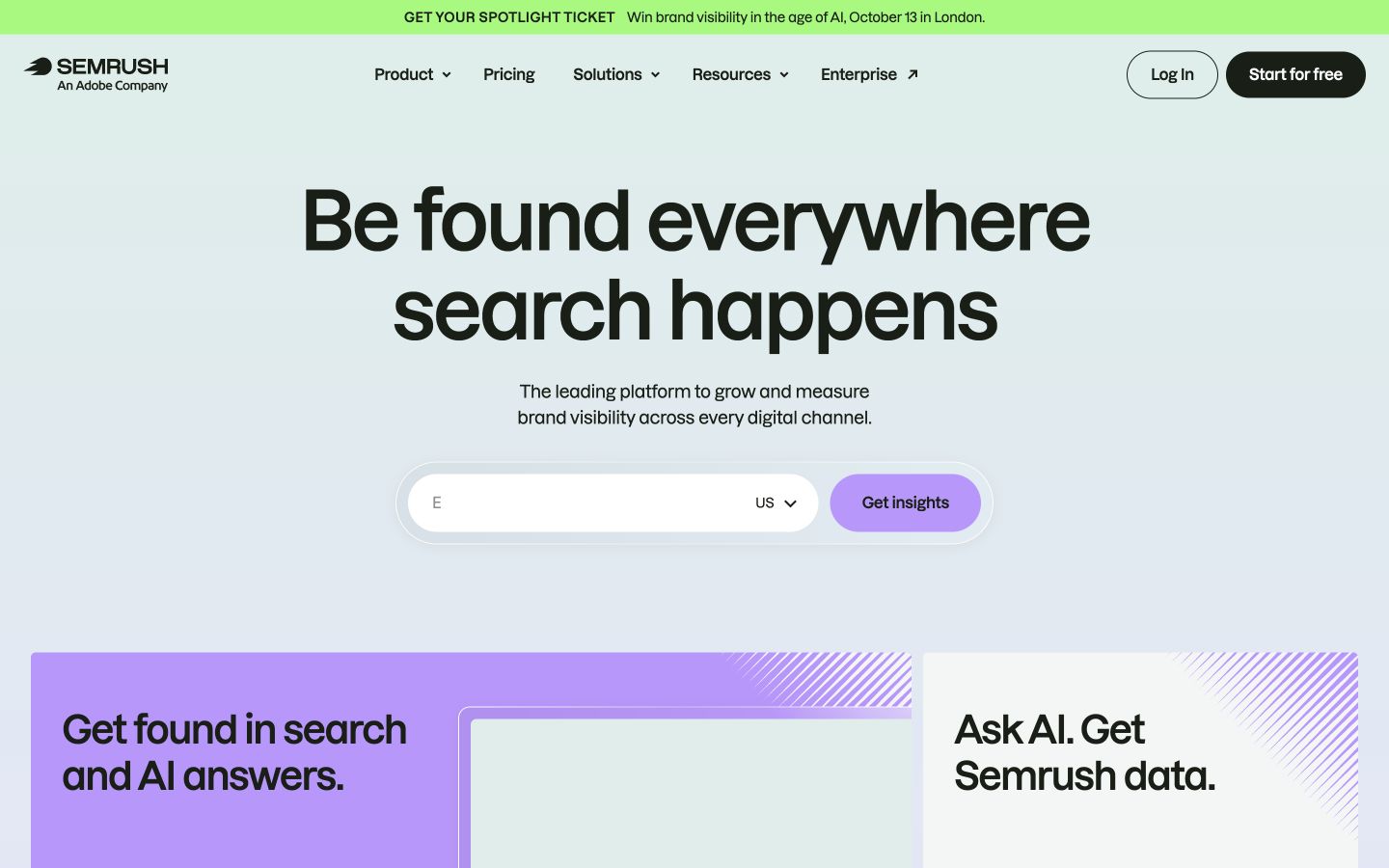 Semrush public product page captured at a desktop viewport
