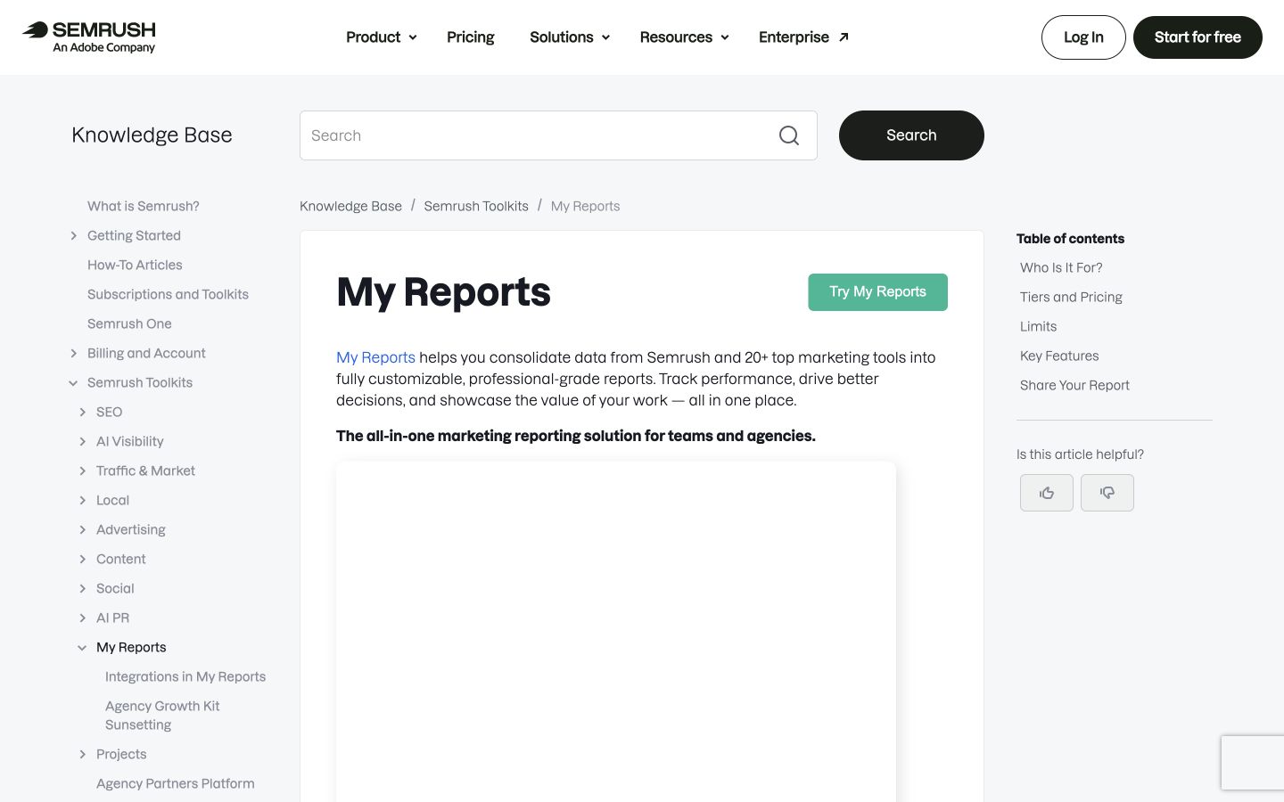Semrush Reports public page at a desktop viewport