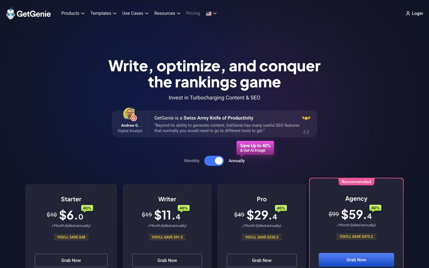 Getgenie Price public page captured at a desktop viewport