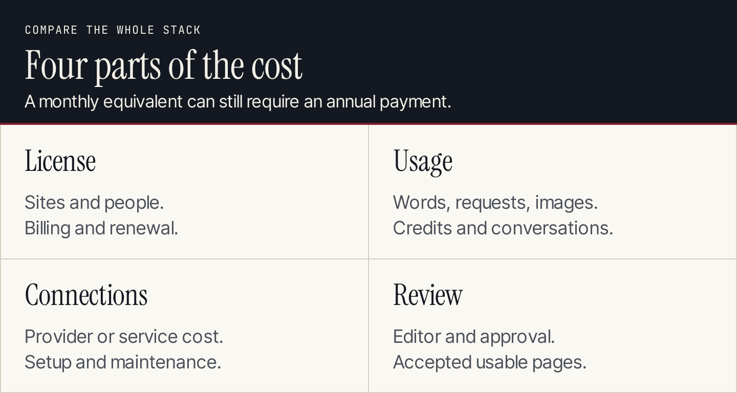 Four costs in a WordPress AI stack: license, usage, connections and review