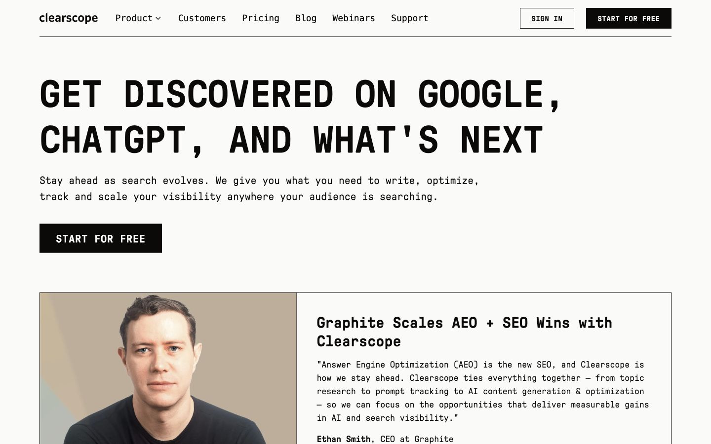 Clearscope public page shown at a desktop viewport
