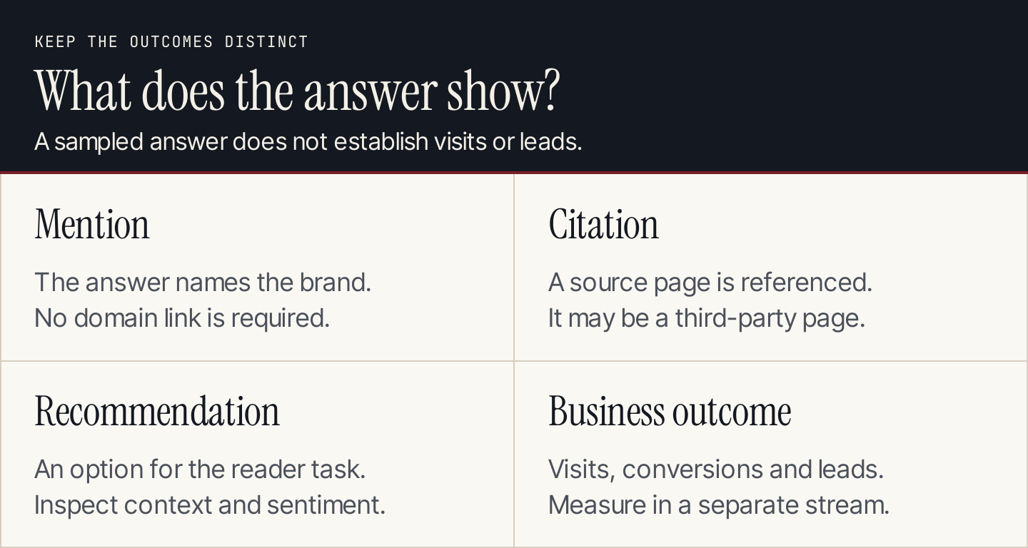 Four distinct outcomes: brand mention, cited source, recommendation and business outcome