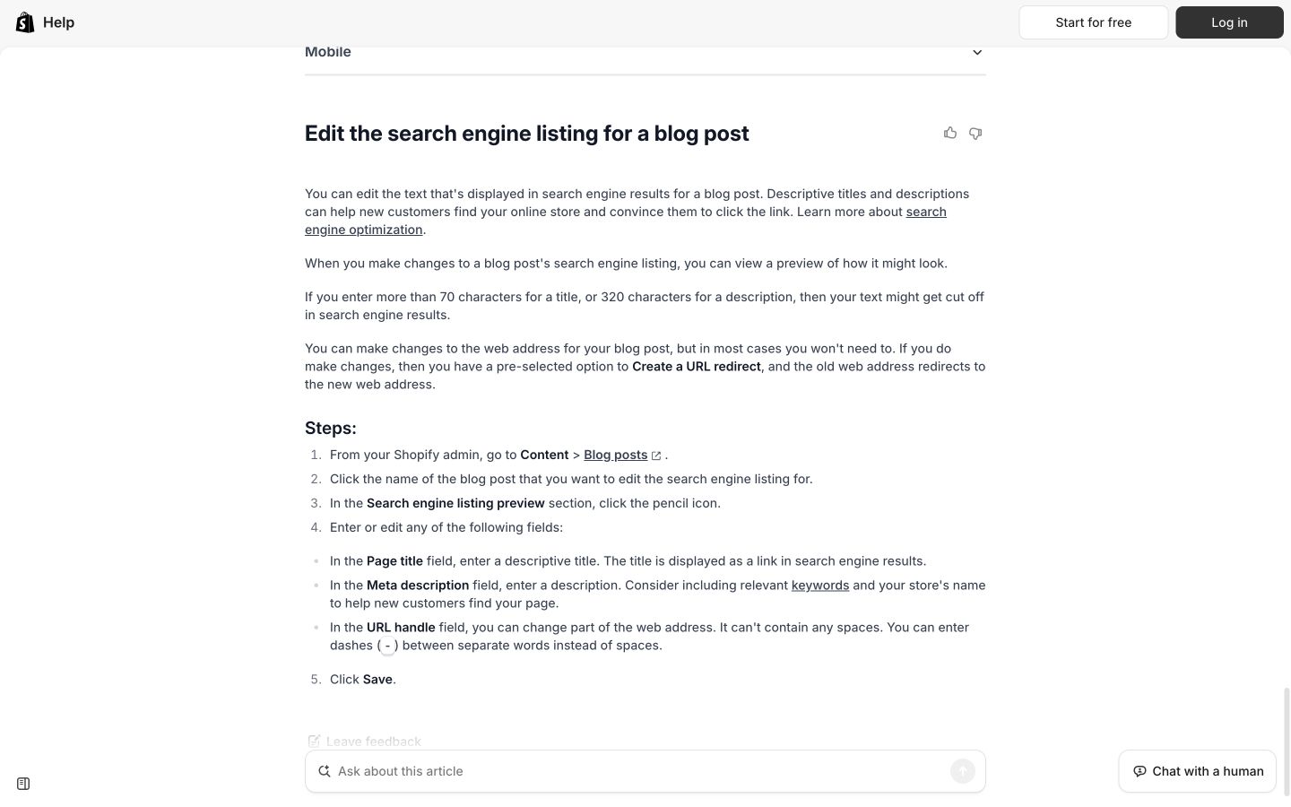 Shopify Answer public page at a desktop viewport