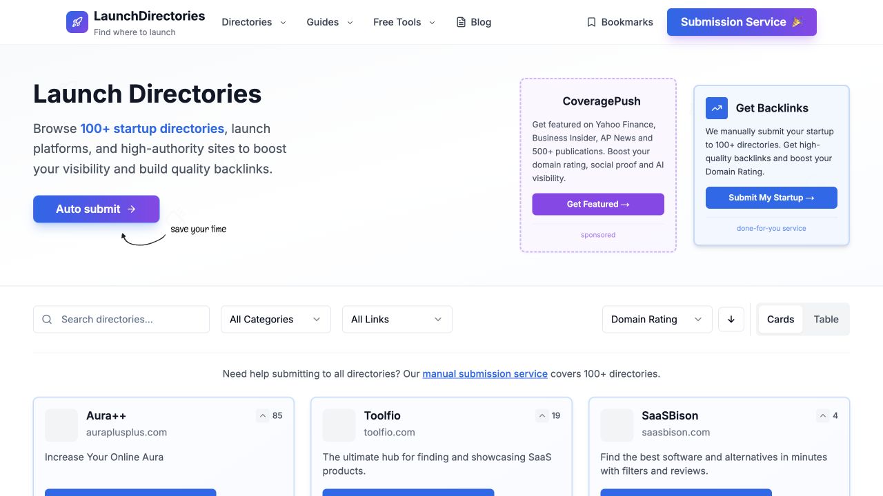 Launchdirectories public source page at a desktop viewport