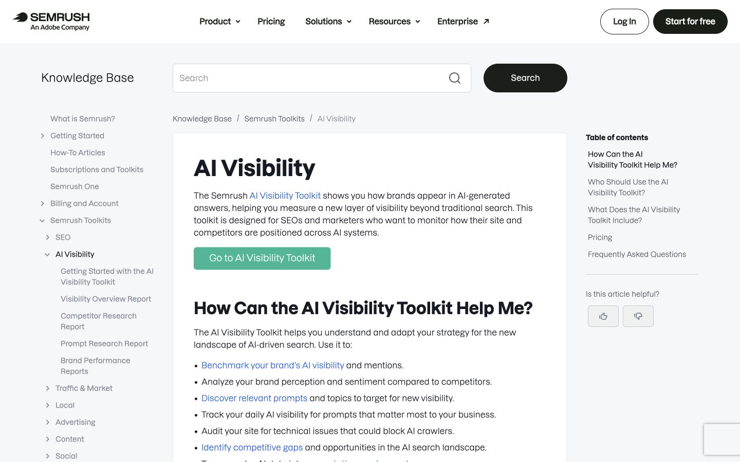Semrush Ai public page shown at a desktop viewport