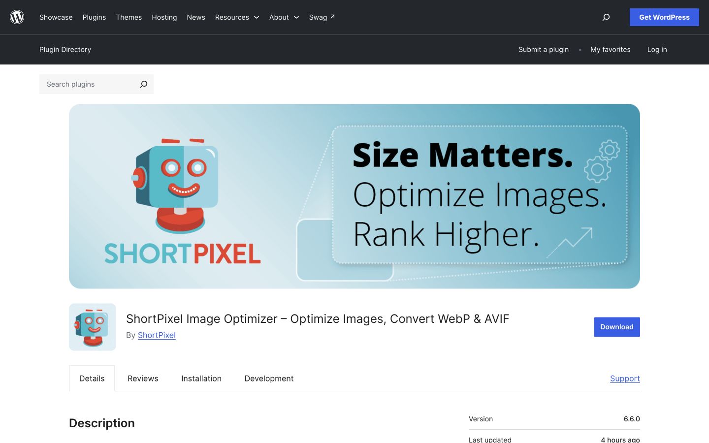 Shortpixel public page shown at a desktop viewport