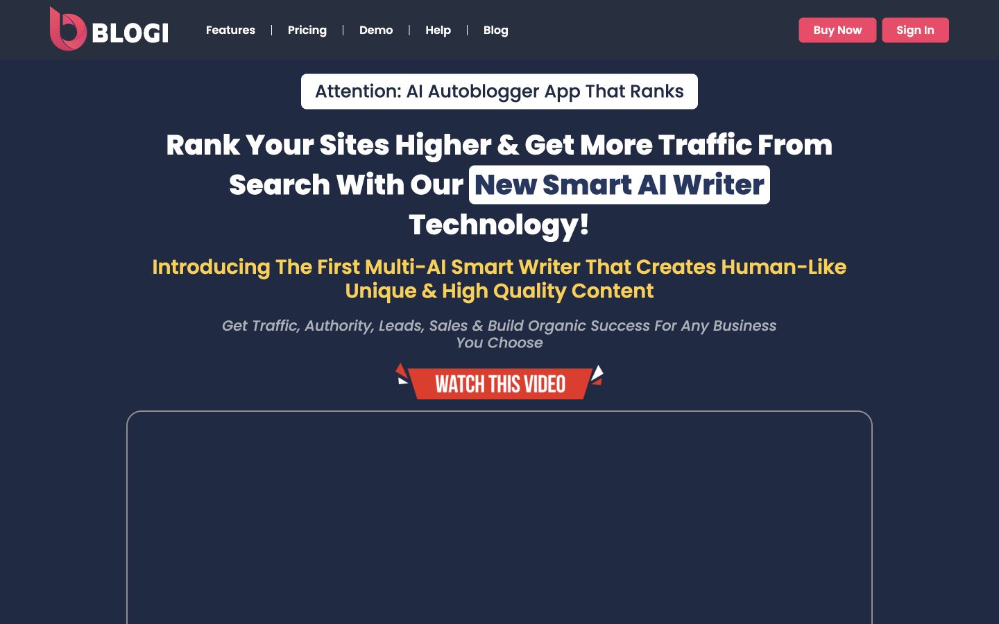 Blogi's official public product page captured on desktop