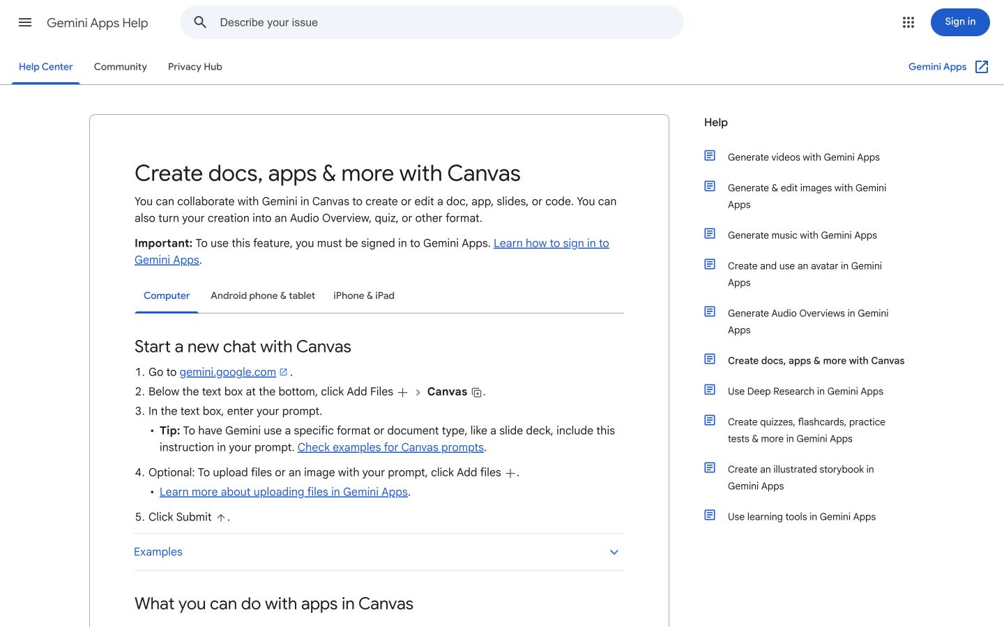 Gemini Canvas public page captured at a desktop viewport