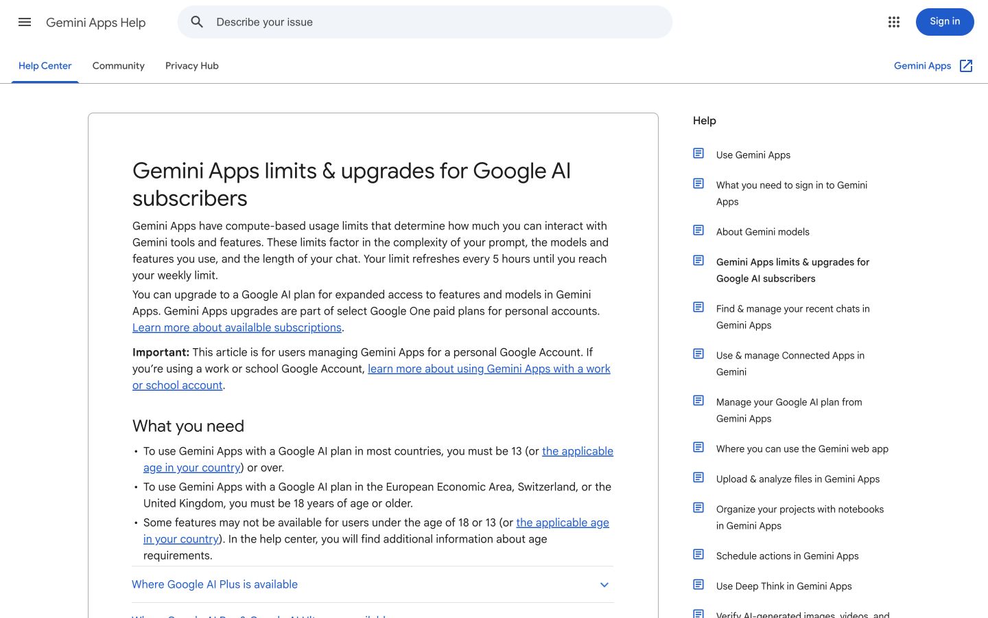 Gemini Limits public page captured at a desktop viewport