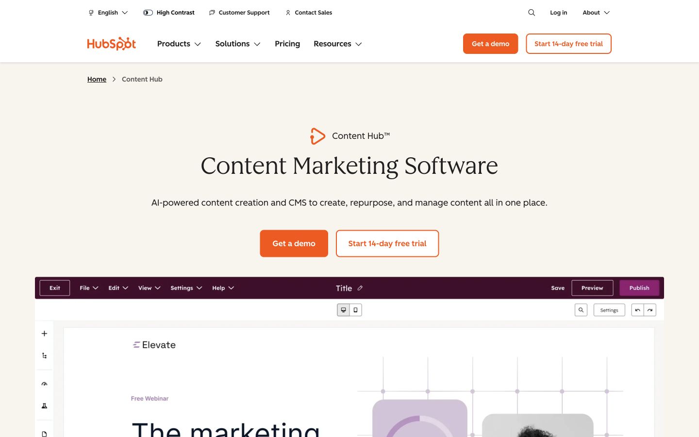 HubSpot Content Hub public product page captured at a desktop viewport